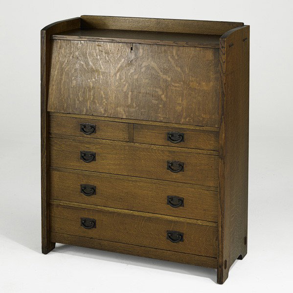 GUSTAV STICKLEY; Drop front desk: GUSTAV STICKLEY; Drop front desk (no. 729); Branded mark; 45'' x 36 1/2'' x 15''