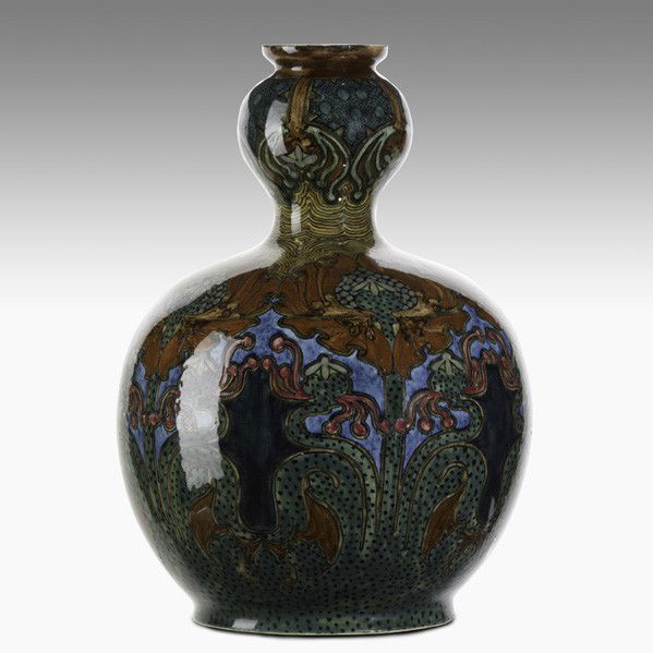 ROZENBURG; Large vase: ROZENBURG; Large glazed earthenware gourd-shaped vase; Signed Rozenburg den Haag; 13'' x 9''