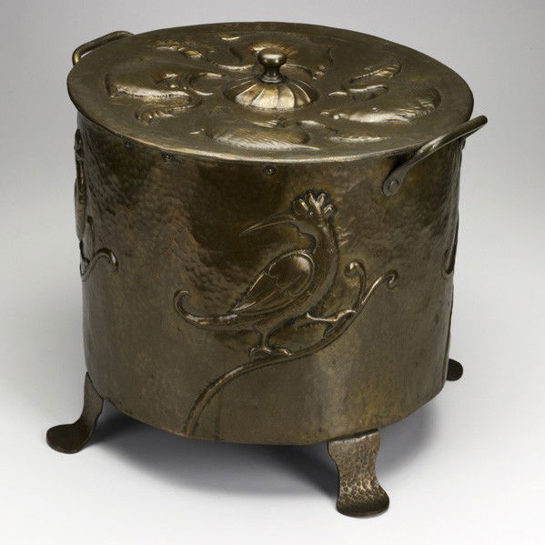 JOHN PEARSON; Hammered copper coal scuttle: JOHN PEARSON; Hammered copper coal scuttle, 1905; Inscribed JP 1905; 14 1/2'' x 17 1/2''