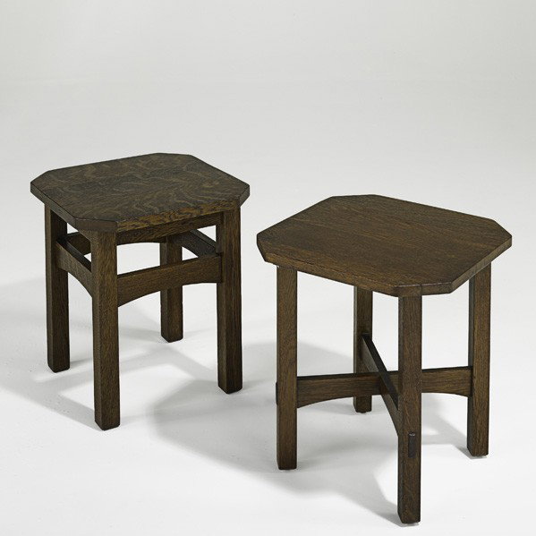 L. & J.G. STICKLEY; Two clip-corner tabourets: L. & J.G. STICKLEY; Two clip-corner tabourets; One with cross stretchers has ''Handcraft'' label; 18'' x 16'' sq.