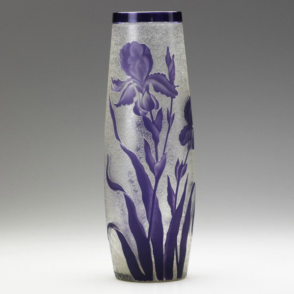 VAL ST. LAMBERT; Cameo glass vase: VAL ST. LAMBERT; Cameo glass vase acid-etched with irises; Signed Val St. Lambert; 12 1/4'' x 3 1/2''