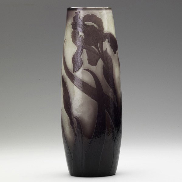 GALLE; Cameo glass vase: GALLE; Cameo glass vase wheel-carved and fire-polished with irises; Signed on Galle; 12 1/2'' x 4''