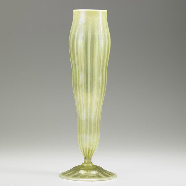 TIFFANY STUDIOS; Tall pastel Favrile glass vase: TIFFANY STUDIOS; Tall pastel Favrile glass vase; Etched L.C.T. and F304; 14'' x 5''