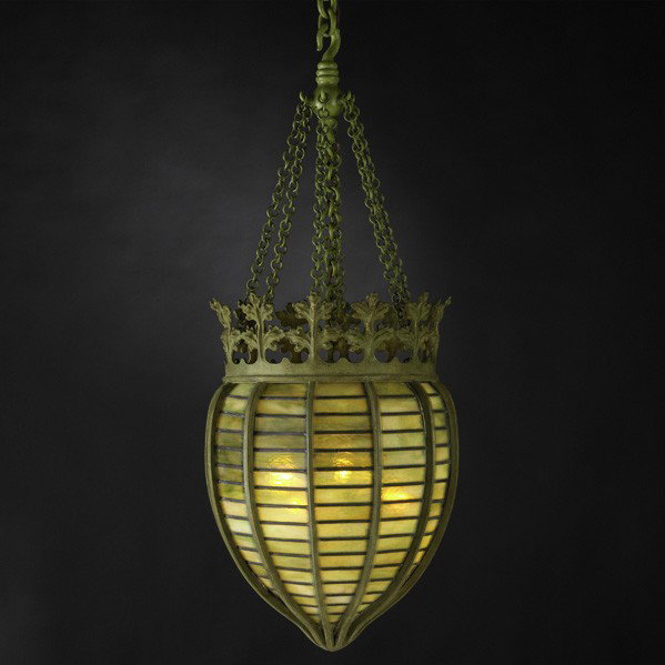 TIFFANY STUDIOS; Chandelier: TIFFANY STUDIOS; Fine and rare chandelier, six sockets; Patinated bronze, Favrile glass; Provenance: Michigan residence; To ceiling cap: 58'' x 18'', height to crown: 22''