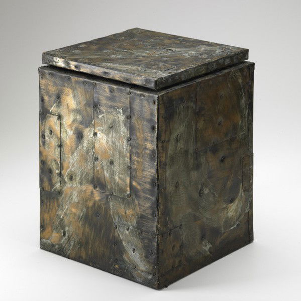 Paul Evans; Ice bucket: PAUL EVANS; C.C. DESIGN, INC; Patchwork ice bucket, USA, 1970s; Patinated copper, wood, plastic; Signed on bottom; 13 1/4'' x 10'' x 10''