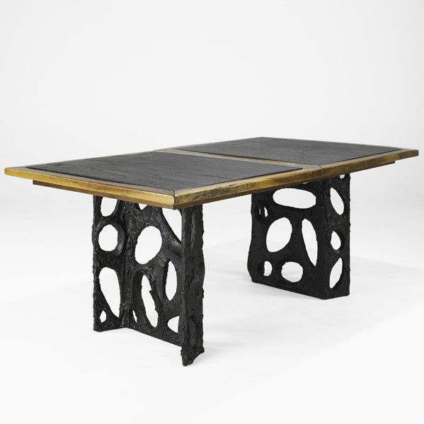 PAUL EVANS AND PHIL POWELL; Custom dining table: PAUL EVANS AND PHIL POWELL; Custom dining table, USA, 1969; Walnut, slate, bronze, composite, wood; Provenance: Collection of George Fry, an Evans and Powell employee; Signed PE69; 29'' x 72'' x 42'',