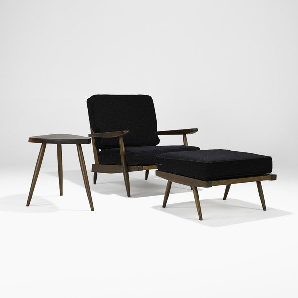 GEORGE NAKASHIMA; Cushion Chair With Arms: GEORGE NAKASHIMA; NAKASHIMA STUDIOS; Cushion Chair With Arms, matching ottoman, Wohl table, USA, 1953 and 1970; Provenance available for ottoman, copy of original invoice; Chair: 32'' x 30'' x 37'', o