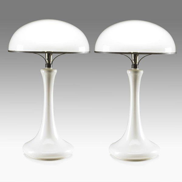 JOHN DICKINSON; Pair of table lamps: JOHN DICKINSON; Rare pair of table lamps (no. 117), USA, ca. 1976; Enameled fiberglass and brass; Unsigned; 35'' x 19''