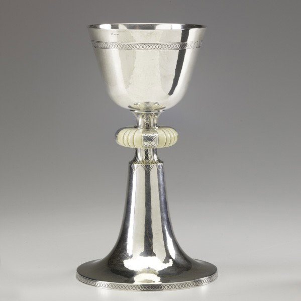 TOMMI PARZINGER; PETER REIMES; Chalice: TOMMI PARZINGER; PETER REIMES; Rare chalice, USA, 1940s; Sterling silver, ivory; Stamped PR STERLING/9OZO-10P; 8'' x 4 1/2'', 13.OT