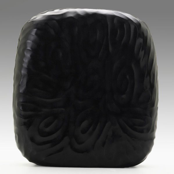 MASSIMO MICHELUZZI; Hand blown glass vessel: MASSIMO MICHELUZZI; Hand blown carved black glass vessel, Italy, 2003; Signed and dated; 13'' x 11 1/2'' x 3''