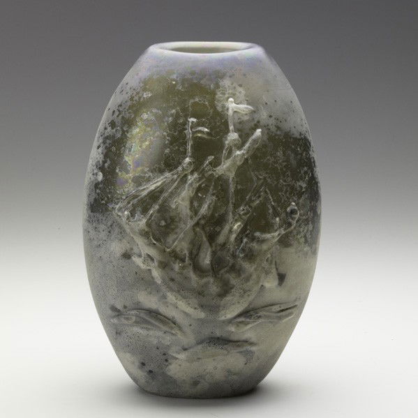 BARBINI; Large Scavo glass vase: ALFREDO BARBINI; Large Scavo glass vase with anchor and ship, Italy, 1970; Signed Alfredo Barbini/Murano/1970; 10 1/2'' x 6''