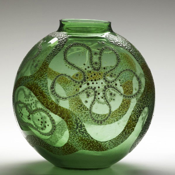 ANSOLO FUGA ATTR.; S.A.L.I.R. ATTR.; Vessel: ANSOLO FUGA (Attr.); S.A.L.I.R. (Attr.); Enameled glass vessel, Italy, 1940s; Unmarked; 9'' x 8''