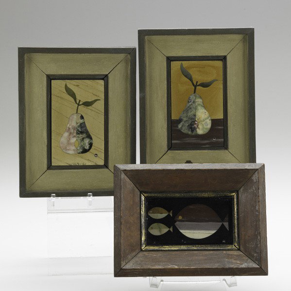 RICHARD BLOW; MONTICI; Three plaques: RICHARD BLOW; MONTICI; Three pietra dura plaques of pears and fish, Italy, 1960s; Mounted in original frames; Each has inlaid medallion and original paper price tag; Plaques: 2 3/8'' x 4'', with frame