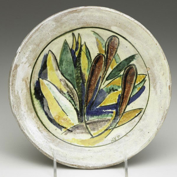 HENRY VARNUM POOR; Glazed faience plate: HENRY VARNUM POOR; Glazed faience plate with botanical painting; Provenance: Litchfield Historical Society; Signed HVP with house stamp, museum numbers; 8 1/2'' dia.