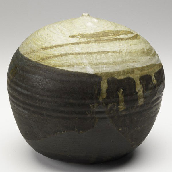 TOSHIKO TAKAEZU; Moonpot: TOSHIKO TAKAEZU; Large glazed earthenware Moonpot with rattle; Incised TT; 9'' x 8 1/2''