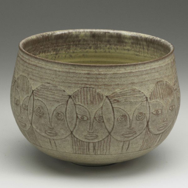 SCHEIER; Glazed ceramic bowl: EDWIN AND MARY SCHEIER; Glazed ceramic bowl with faces, USA, 1960s; Signed; 6 1/4'' x 9''