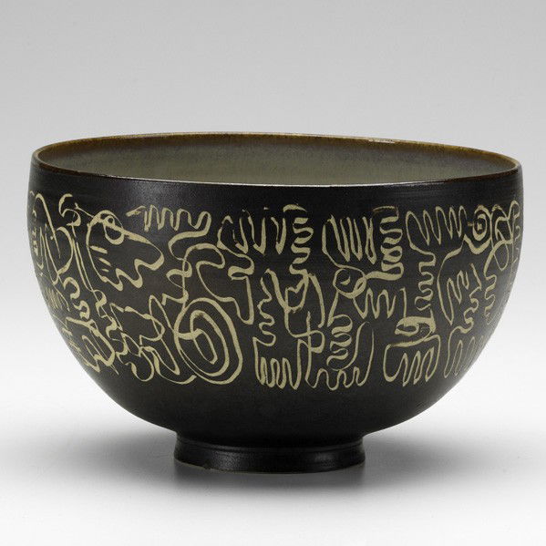 SCHEIER; Earthenware bowl: EDWIN AND MARY SCHEIER; Glazed and incised earthenware bowl, USA, 1950s; Signed; 4 1/2'' x 6 1/2''