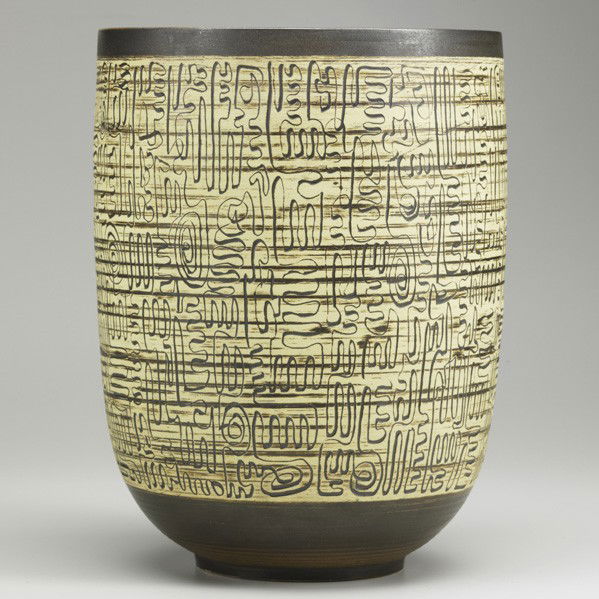 SCHEIER; Large vase: EDWIN AND MARY SCHEIER; Large glazed and incised earthenware vase, dark brown glaze, USA, 1950s; Signed Scheier; 12 1/2'' x 9 1/2''