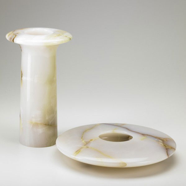 SERGIO ASTI; KNOLL-GAVINA; Two onyx vessels: SERGIO ASTI; KNOLL-GAVINA; Two onyx vessels, Italy, 1970s; Knoll paper label and Italy paper label on bowl; 1 1/2'' x 12'', 12'' x 7''