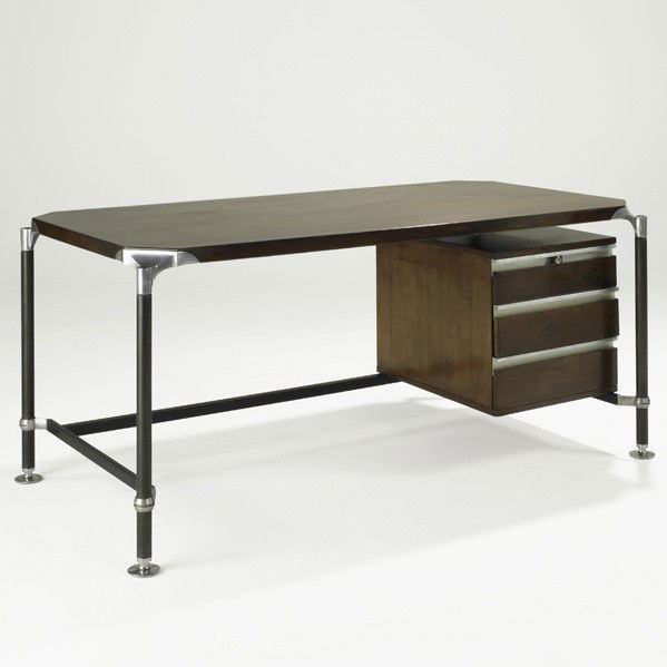 ICO AND LUISA PARISI; MIM; Executive desk: ICO AND LUISA PARISI; MIM; Executive desk, Italy, 1950s; Italian walnut, aluminum, enameled steel, cherry; Unmarked; 29'' x 63'' x 31 1/2''