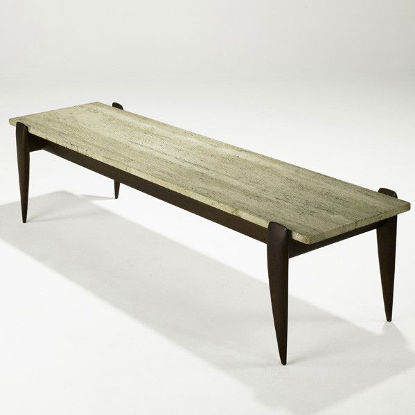 GIO PONTI; SINGER & SONS; Coffee table: GIO PONTI; SINGER & SONS; Coffee table, Italy, 1950s; Walnut, travertine; Stamped Made In Italy; 16'' x 18'' x 60''