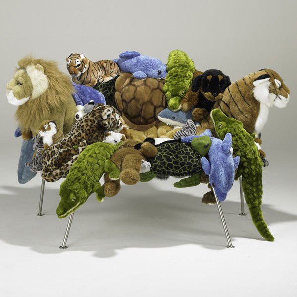 FERNANDO AND HUMBERTO CAMPAN; Banquete chair: FERNANDO AND HUMBERTO CAMPANA; ESTUDIO CAMPANA; Banquete chair, Brazil, ca. 2002; Plush animals, stainless steel; Stitched signature, no. 34; 34'' x 56 1/2'' x 42''