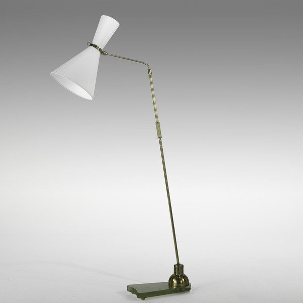 BORIS LACROIX; Adjustable floor lamp: BORIS LACROIX; Adjustable floor lamp, France, 1940s; Brass, St. Gobain glass, rubber, linen; Unmarked; As shown: 71'' x 35'' x 12''