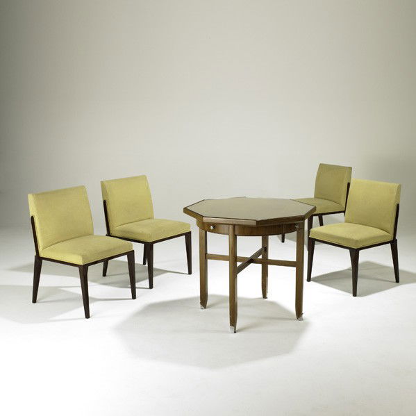 JULES LELEU; Set of four chairs: JULES LELEU; Set of four chairs and one card table with reversible top, France, 1940s; Table: rosewood, nickeled brass, glass, felt, chairs: mahogany, suede; Unmarked; Table: 29 1/2'' x 31 3/4'' sq.,
