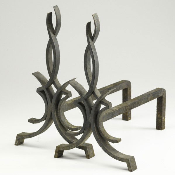 RAYMOND SUBES; Pair of cast-iron andirons: RAYMOND SUBES; Pair of cast-iron andirons, France, 1950s; Unmarked; 15 1/2'' x 9''