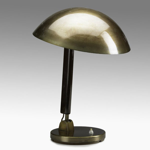 KARL TRABERT; Table lamp: KARL TRABERT; G. SCHANTZENBACH & CO; Table lamp, Germany, 1930s; Enameled and lacquered copper, lacquered wood, single socket, cork; Signed B.A.G.; 18'' x 13''