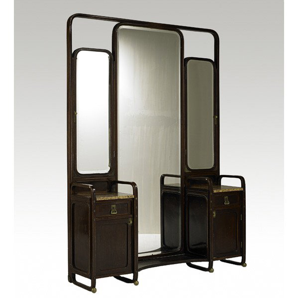 KOLOMAN MOSER; Dressing mirror: KOLOMAN MOSER; J. & J. KOHN; Stained beech, marble, brass and g1ass dressing mirror, Austria, 1901; Unmarked; 82'' x 59 1/2'' x 17''