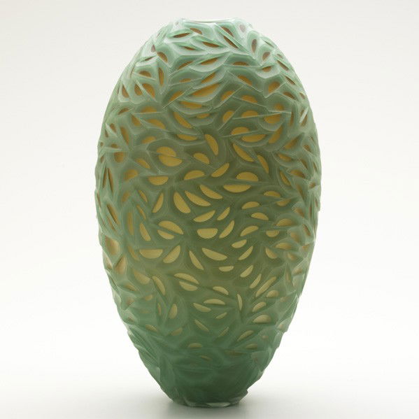 PHILIP BALDWIN and MONICA GUGGISBERG; Glass vessel: PHILIP BALDWIN and MONICA GUGGISBERG; Blown and carved glass vessel, ''Half Moon Parisian in Green,'' Switzerland, 2003; Signed, dated, titled and numbered; 15 1/2'' x 8 1/2'' x 8''