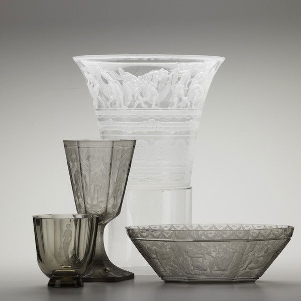 SIMON GATE; ORREFORS; Four vases: SIMON GATE; ORREFORS; Four clear and smoked crystal vessels with engraved nudes and horses, Sweden, 1920s; All signed, chalice dated 1927; Largest: 9 1/4'' x 11'', smallest: 4 1/2'' x 4 1/4''