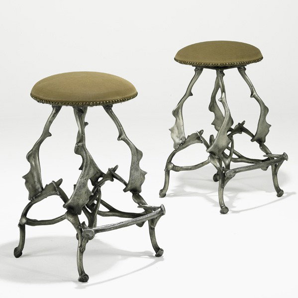 ARTHUR COURT; Pair of bar stools: ARTHUR COURT; Pair of bar stools, USA, 1970s; Cast aluminum, leatherette, brass; Unmarked; 29 1/2'' x 17 1/4''