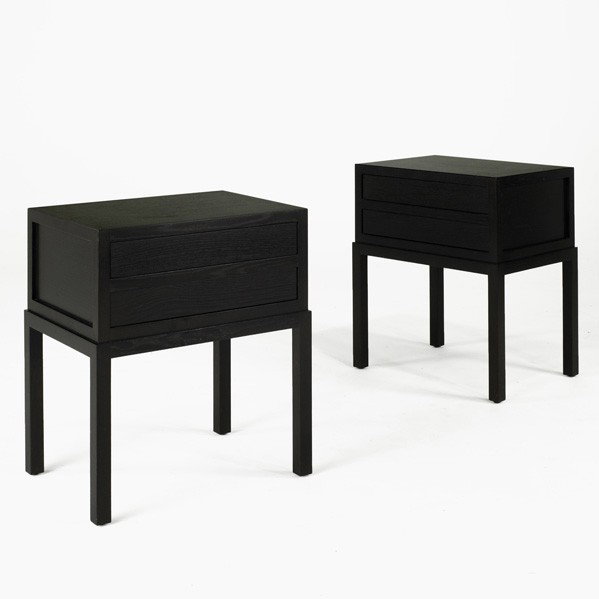 CHRISTIAN LIAIGRE; Pair of nightstands: CHRISTIAN LIAIGRE; HOLLY HUNT; Pair of nightstands, USA, 1990s; Dark stained oak; Metal labels; 28'' x 24 1/2'' x 18''