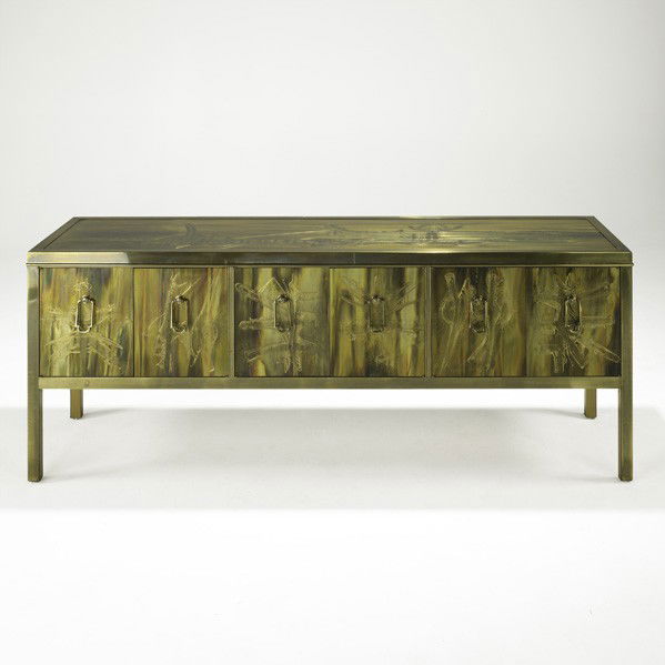BERNHARD ROHNE; MASTERCRAFT; Cabinet: BERNHARD ROHNE; MASTERCRAFT; Cabinet, USA, 1970s; Acid-etched, patinated and polychromed bronze; Unmarked; 29 3/4'' x 78 1/2'' x 21 1/2''