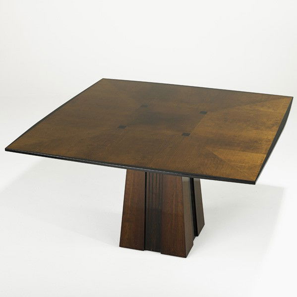 DAKOTA JACKSON; Ariel Square dining table: DAKOTA JACKSON; Ariel Square Dining Table, USA, 1990s; Mahogany and lacquer; Unmarked; 29'' x 50'' sq.