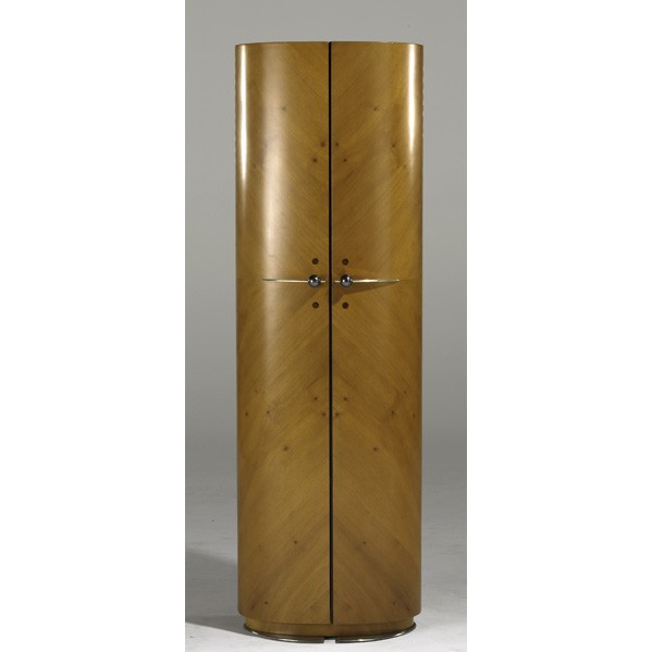 JAIME TRESSERRA; Bar cabinet: JAIME TRESSERRA; Elliptical bar cabinet, Spain, 1990s; Elm, chromed steel, bronze and rosewood; Unmarked; 63'' x 20'' x 14 1/2''