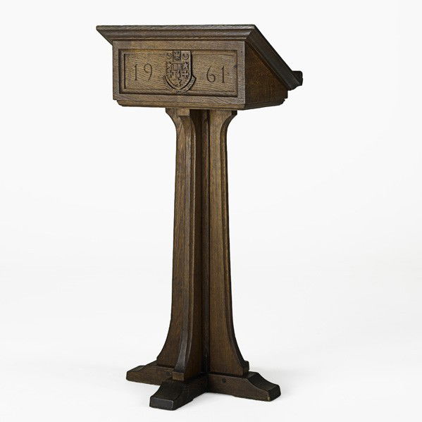 ROBERT ''MOUSEMAN'' THOMPSON; Rare lectern: ROBERT ''MOUSEMAN'' THOMPSON; Rare lectern, USA, 1961; Carved oak; Signed with mouse, dated; 48'' x 22'' x 22''