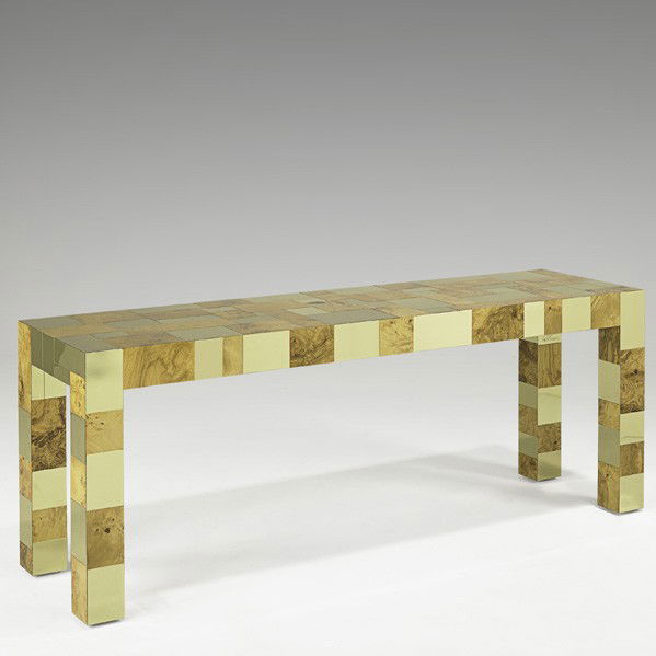 PAUL EVANS; Citiscape console table: PAUL EVANS; DIRECTIONAL; Citiscape console table, USA, ca. 1975; Olive burl and brass; Provenance: Purchased by the consignor from Paul Evans; Signed; 27 1/2'' x 72'' x 20''