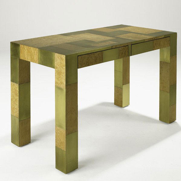 PAUL EVANS; DIRECTIONAL; Cityscape desk: PAUL EVANS; DIRECTIONAL; Cityscape desk, USA, 1970s; Burlwood, brass; An Original Paul Evans tag; 29 1/2'' x 48'' x 24''