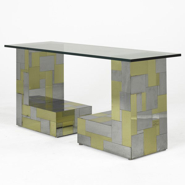 PAUL EVANS; DIRECTIONAL; Cityscape console table: PAUL EVANS; DIRECTIONAL; Cityscape console table, USA, 1970's; Chrome-plated steel, brass and glass; Signed Paul Evans Original; 29 1/2'' x 66'' x 22''