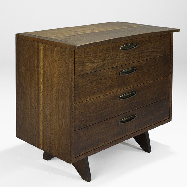 GEORGE NAKASHIMA; Dresser: GEORGE NAKASHIMA; WIDDICOMB; Origins four-drawer dresser, USA, 1958; Walnut, brass; Branded George Nakashima; 32'' x 36 3/4'' x 22''