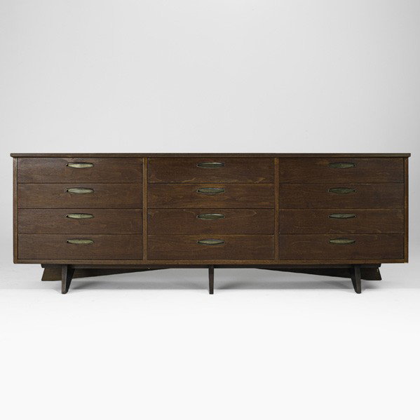 GEORGE NAKASHIMA; Dresser: GEORGE NAKASHIMA; WIDDICOMB; Origins twelve-drawer dresser (no. 212), USA, 1958; Walnut, brass; Branded George Nakashima; 32'' x 89 1/2'' x 22''