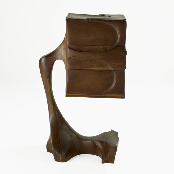 JANET MEYER; Sculptural three-drawer dresser: JANET MEYER; Sculptural three-drawer dresser, USA, 1970s; Laminated and carved walnut; Unmarked; 49'' x 25'' x 20''