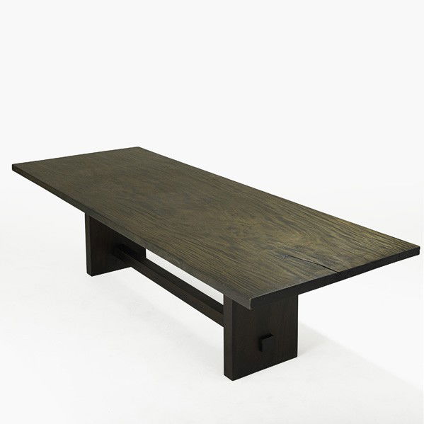 TUCKER ROBBINS; Metro dining table: TUCKER ROBBINS; Massive Metro dining table with butterfly joints, USA, 1990s; Stained solid paldao; Unmarked; 29'' x 114'' x 41 3/4''