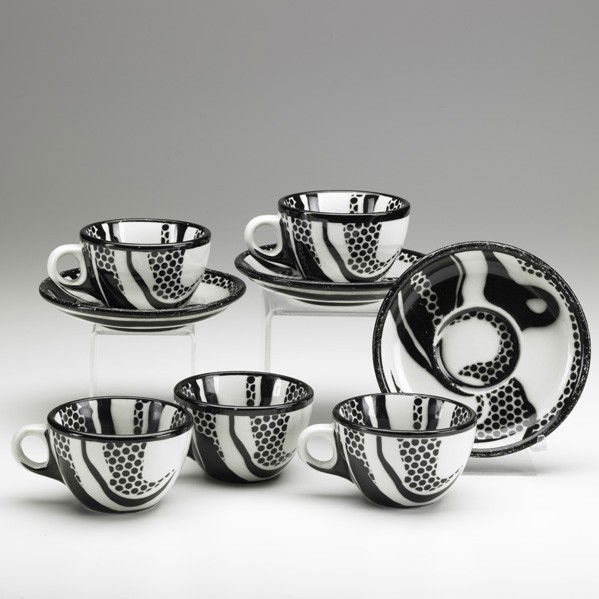 ROY LICHTENSTEIN; Teacups and saucers: ROY LICHTENSTEIN; JACKSON CHINA; Five china teacups and three saucers, USA, 1966; Signed Jackson China for Durable Dish Co. by Roy Lichtenstein 1966; Teacup: 2 1/2'' x 4 1/2''
