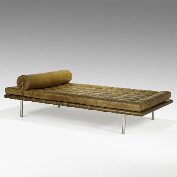 MIES VAN DER ROHE; Daybed: LUDWIG MIES VAN DER ROHE; KNOLL ASSOCIATES; Barcelona daybed, USA, 1960s; Mahogany, leather, stainless steel; Unsigned; 23'' x 39'' x 78''