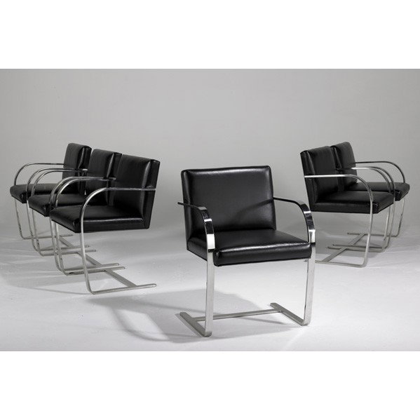MIES VAN DER ROHE; Six chairs: LUDWIG MIES VAN DER ROHE; KNOLL INTERNATIONAL; Set of six Brno chairs, Germany, 1980s; Stainless steel and recycled leather; Unmarked; 32'' x 23'' x 23''