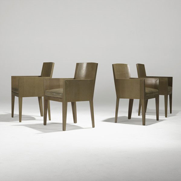 KARL SPRINGER; Four armchairs: KARL SPRINGER; KARL SPRINGER INC; Set of four JMF armchairs, USA, 1970s; Lizard skin over wood; Unmarked; 32'' x 22'' x 22''